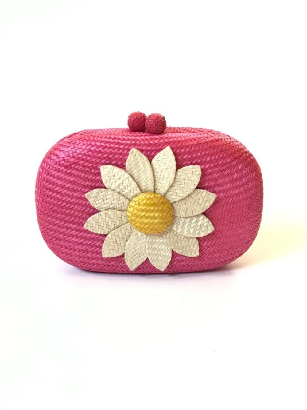 Serpui Olive Daisy Camelia Flower Straw Clutch Bag Purse Crossbody Pink White
